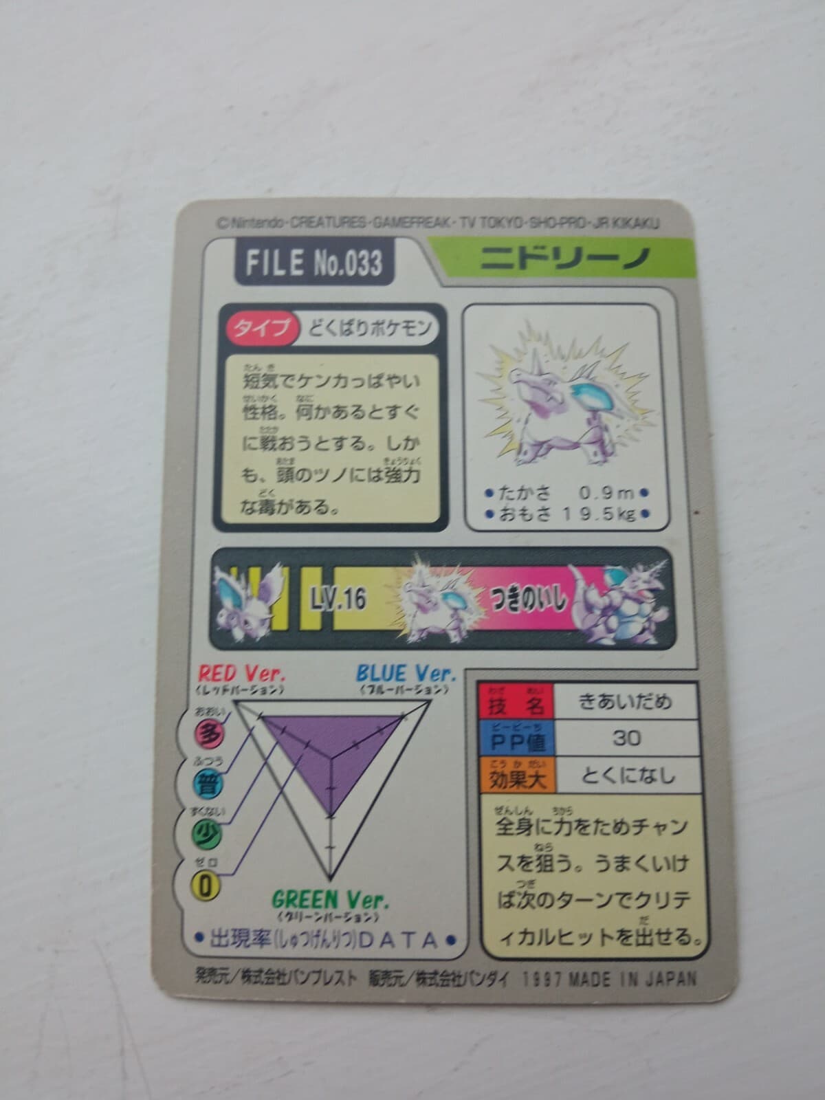Nidorino BANDAI Carddass 1997 FILE No.033 Japanese Pokemon Card thumbnail 2
